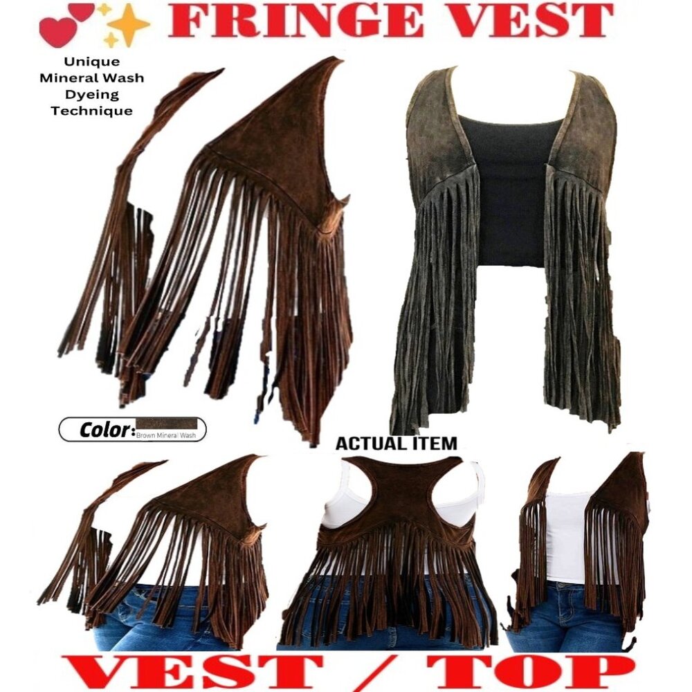 🛑 BULLY Dangling➕ FRINGE 🆒 VEST Mineral Wash TOP Boho Western JACKET💸BUYNOW‼️